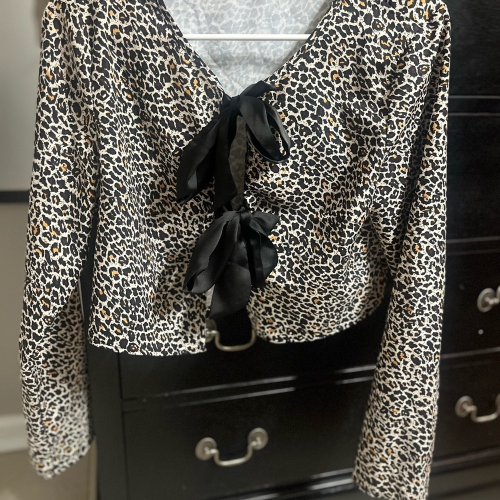 SHEIN Leopard Print Blouse with Black Bow Detail